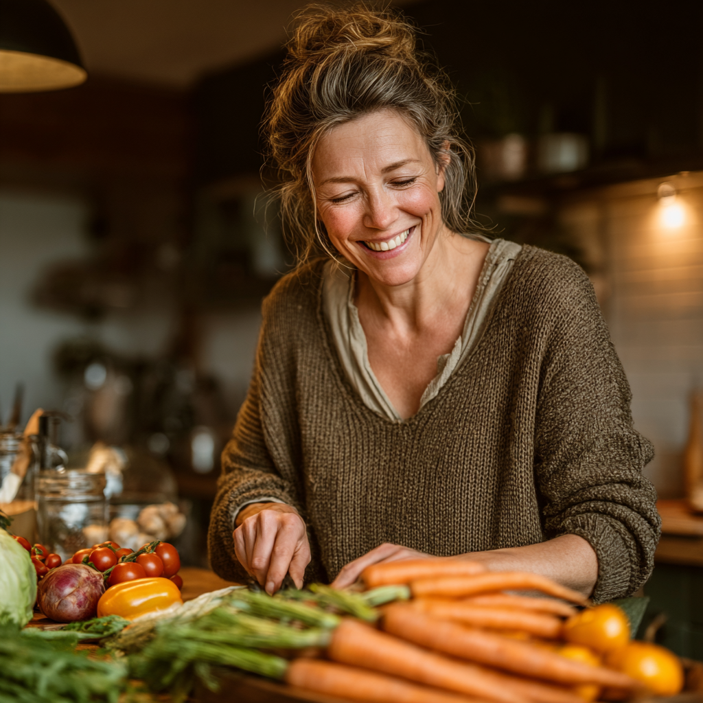 Middle-aged woman in her 40s smiling while preparing fresh vegetables in a modern kitchen, representing healthy meal planning and nutrition