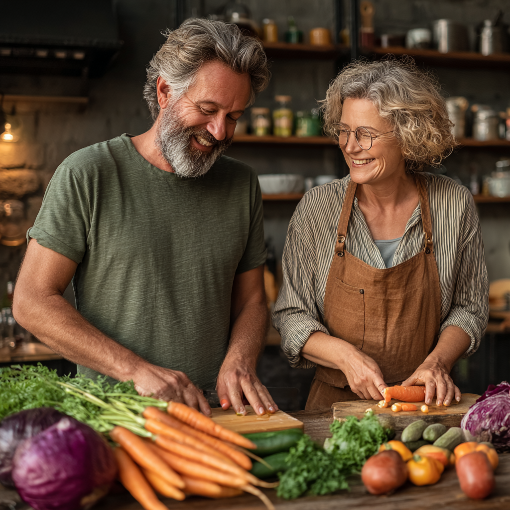 Smiling mature couple in their 50s cooking together in a bright kitchen, preparing fresh healthy ingredients while following a meal plan